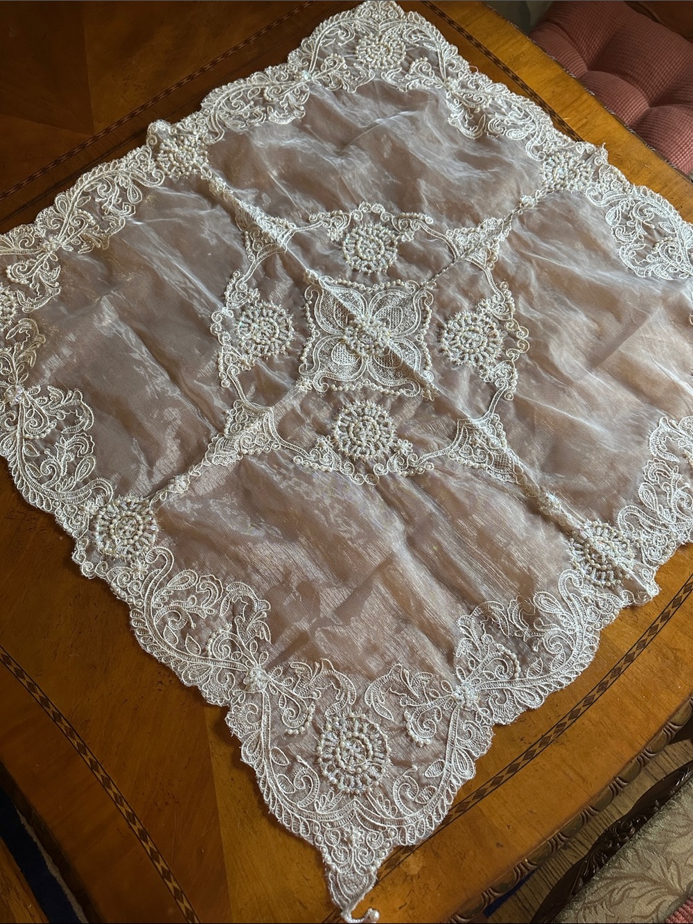 Hand Crafted White Embroidered Lace Table Overlay